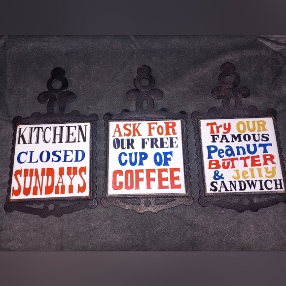 Vintage Other - Vintage 70s Kitschy Kitchen Ceramic & Cast Iron Trivets Set of 3